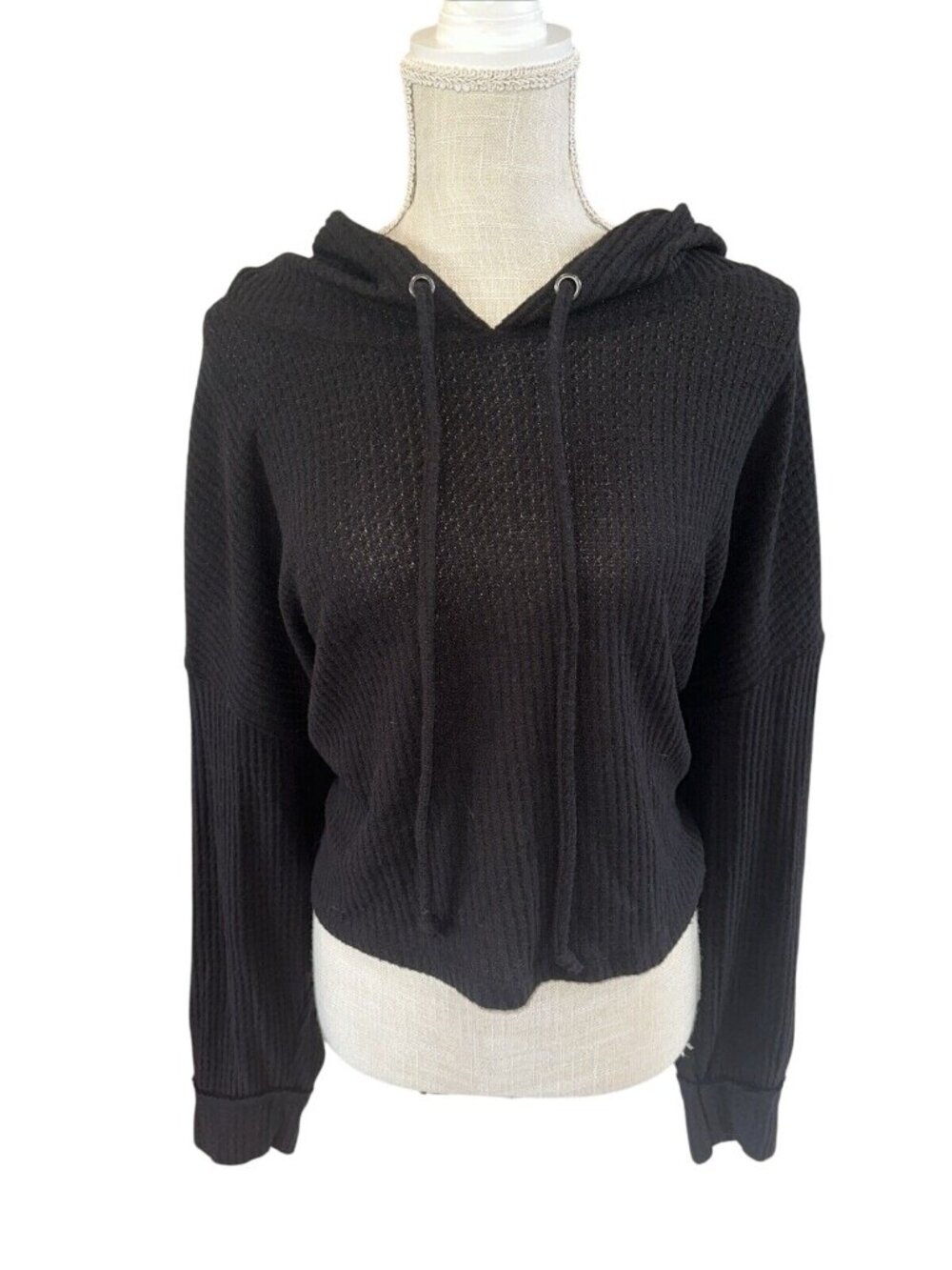 Versona Womens Cropped Hoodie Ribbed Knit Black Hooded Sweater Pullover XL